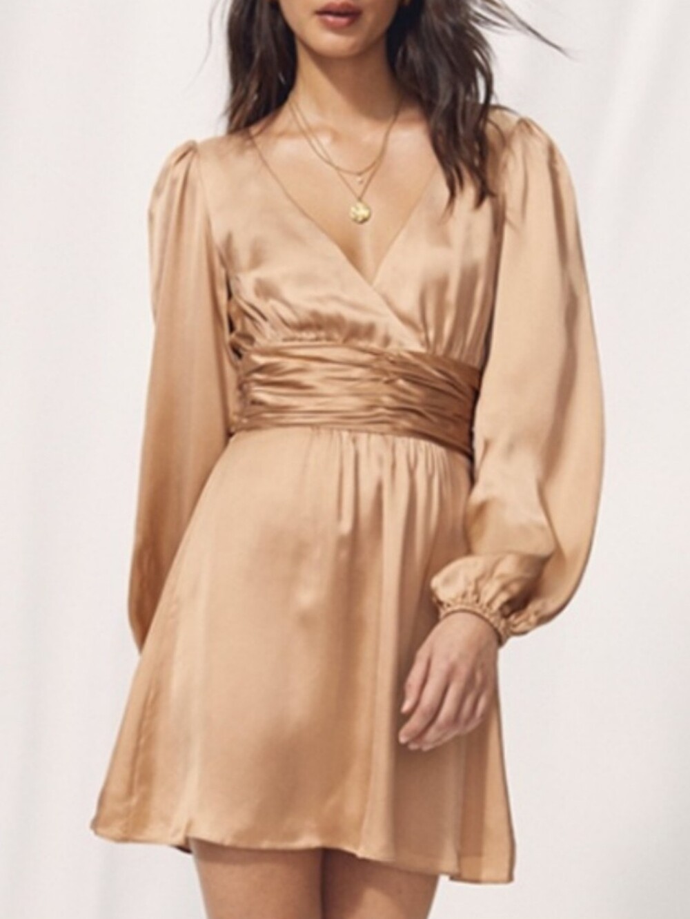 Aritzia Wilfred Women's Gold Rhythm Dress Satin With Puffed Sleeves Size 4